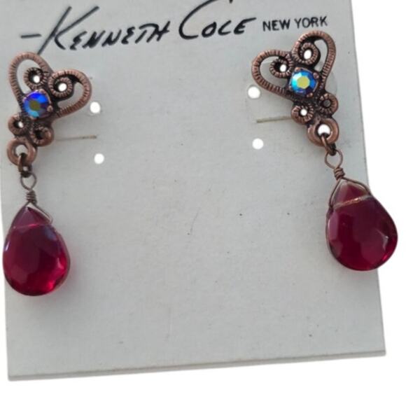 Pierced Red Crystal Dangle Teardrop Earrings Kenneth Cole - Picture 1 of 4